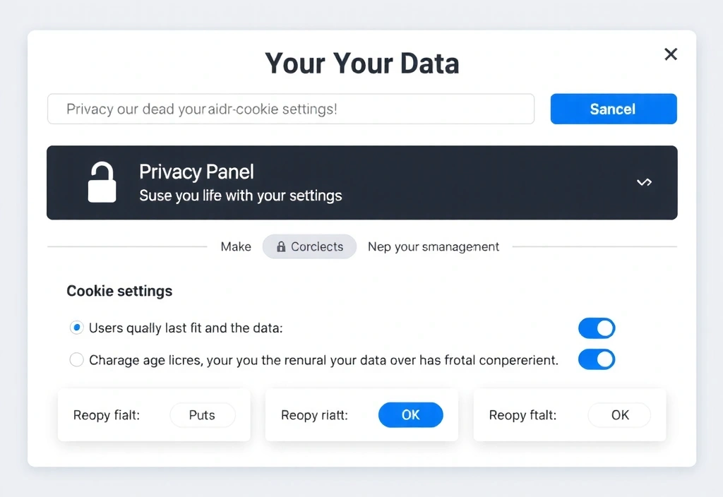 O ilustrație a unui panou de control digital cu opțiuni de gestionare a confidențialității și setări de cookie-uri.