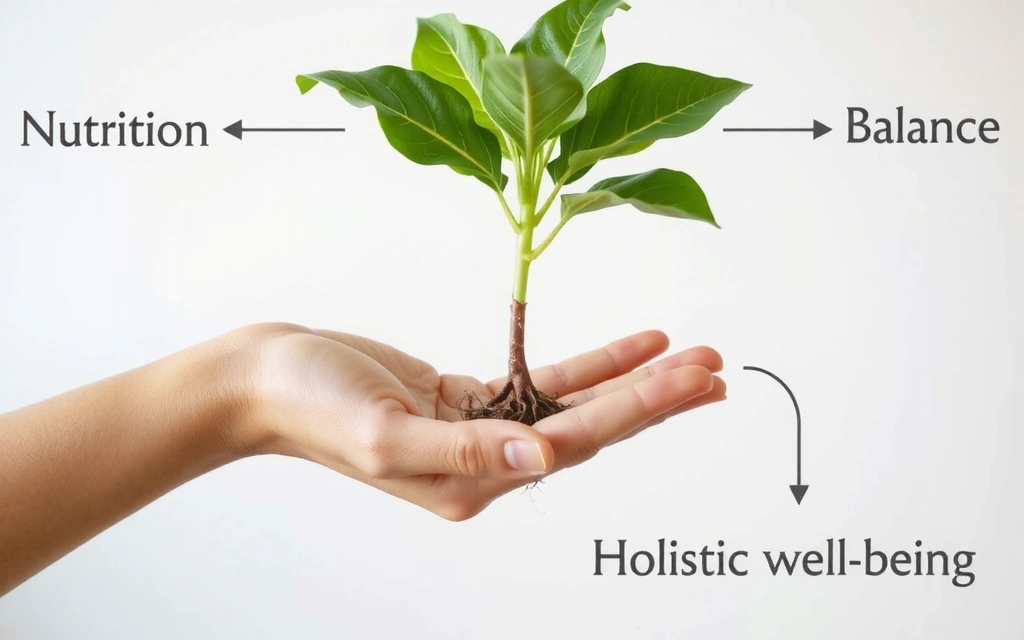 Mână care ține o plantă verde, cu rădăcini care se extind spre simboluri de nutriție și echilibru