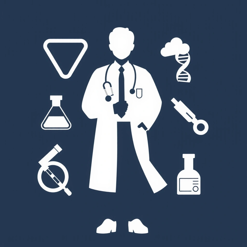 Siluetă abstractă a unui specialist în științe medicale cu simboluri de cercetare